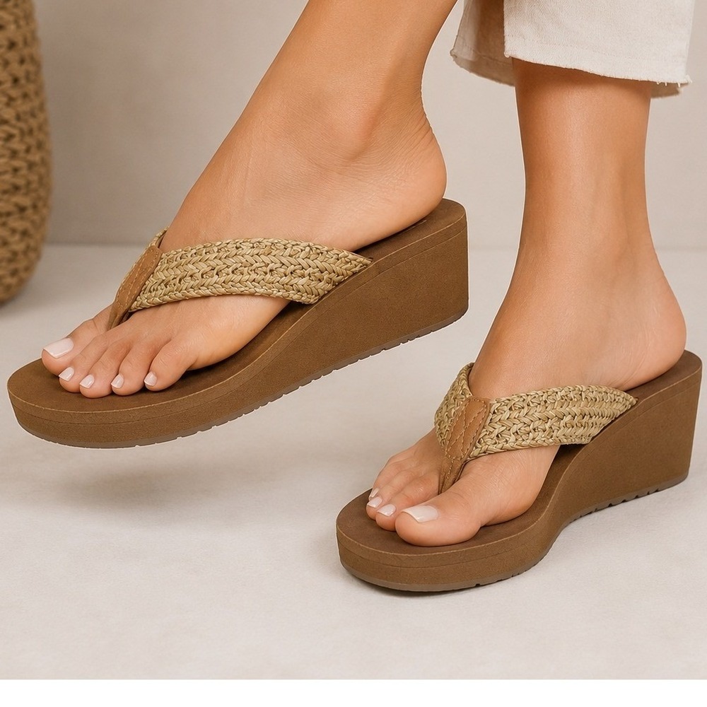Flojos Womens Brown Woven Strap Wedge Flip Flops Platform Sandals Size 8